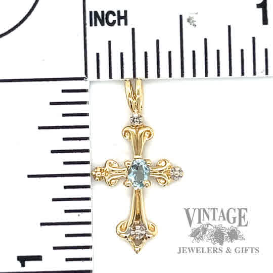 Cross w Aquamarine stone 10k gold pendant size and scale