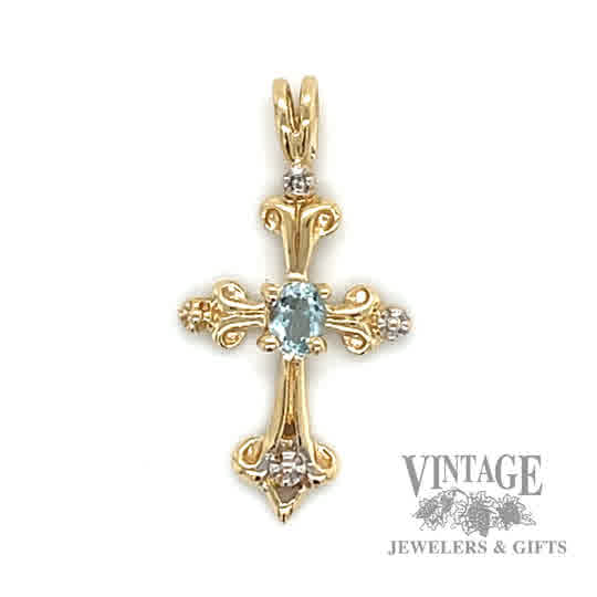 Cross w Aquamarine stone 10k gold pendant