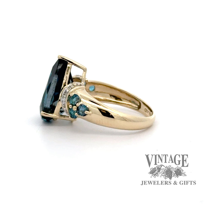 10ky gold London blue pear shaped and diamond ring, alternate side view