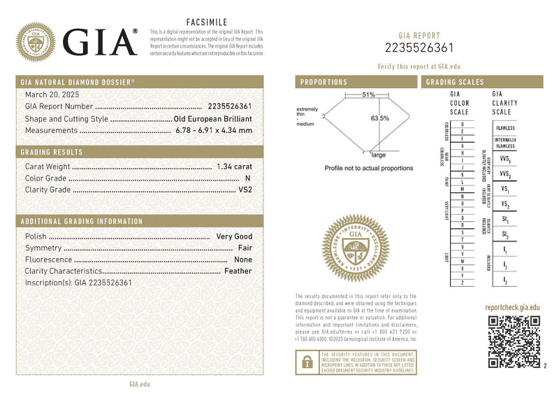 1.34 carat Old European Cut, GIA, N color, VS2 Clarity, Natural Diamond GIA Report