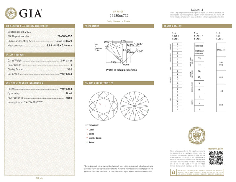 2.64 Carat Round Brilliant, J color, VS2 clarity, Natural Diamond