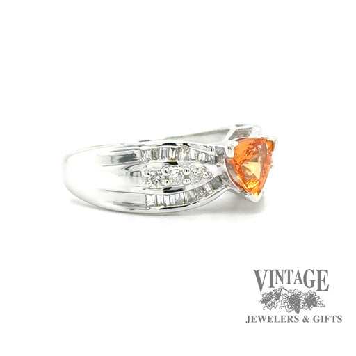 14 karat white gold Mandarin garnet (Spessartine) and diamond ring, angled view