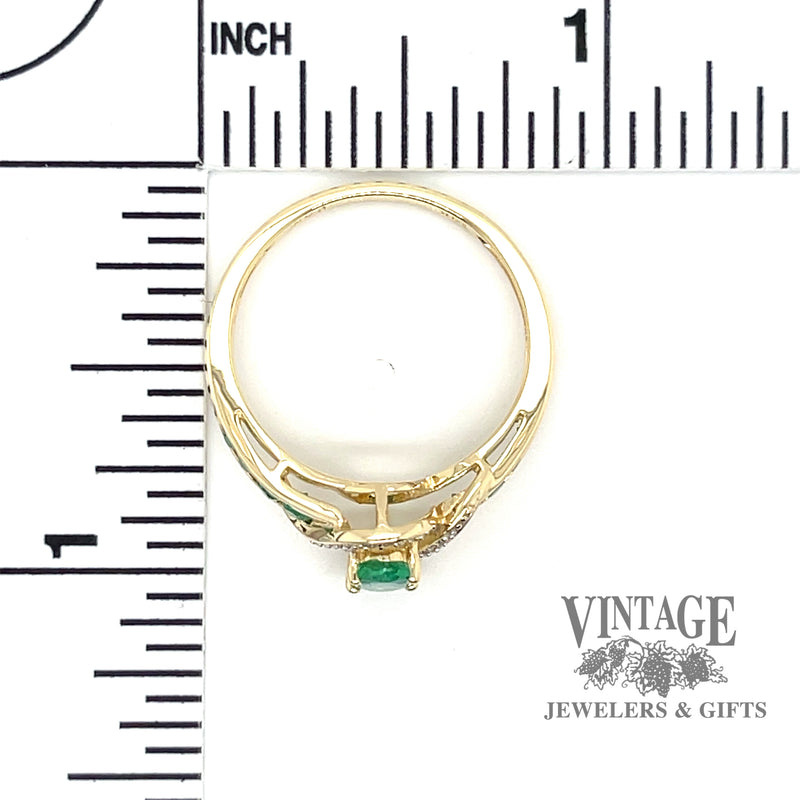 Emerald and diamond bypass 14k gold ring scale