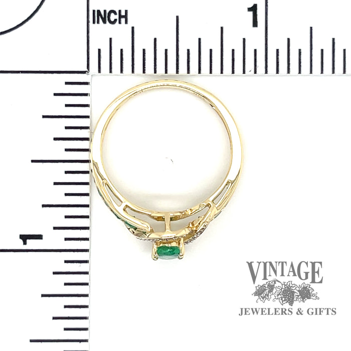 Emerald and diamond bypass 14k gold ring scale