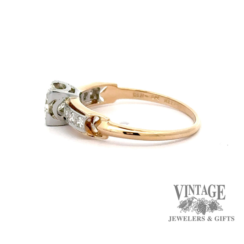 14 karat/18 karat two tone .60 carat total weight diamond illusion head antique engagement ring, side view