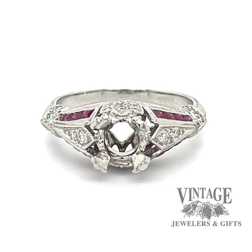 Platinum vintage inspired ruby and diamond hand engraved ring