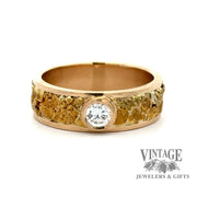 14ky gold band with natural gold nugget inlay and diamond solitaire ring