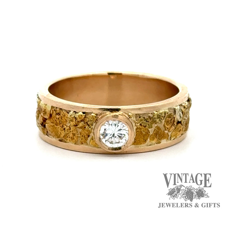 14ky gold band with natural gold nugget inlay and diamond solitaire ring