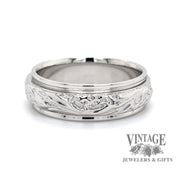 Embossed scroll 14KW gold ring band