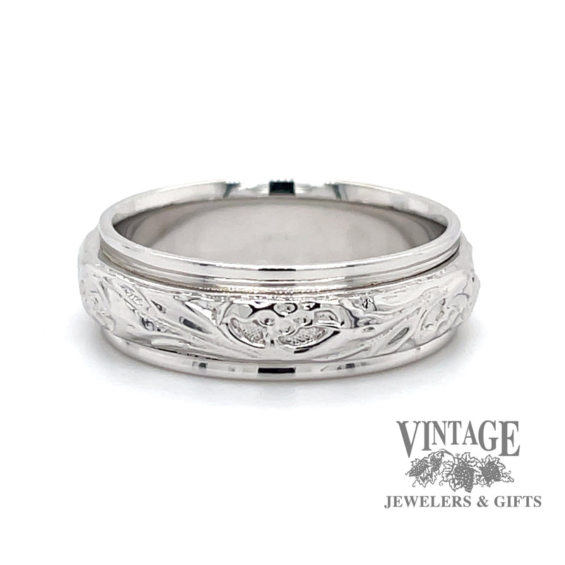 Embossed scroll 14KW gold ring band