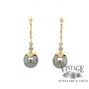 14 karat yellow gold black pearl and diamond drop earrings