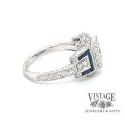 Art deco inspired diamond and sapphire 14kw gold ring side