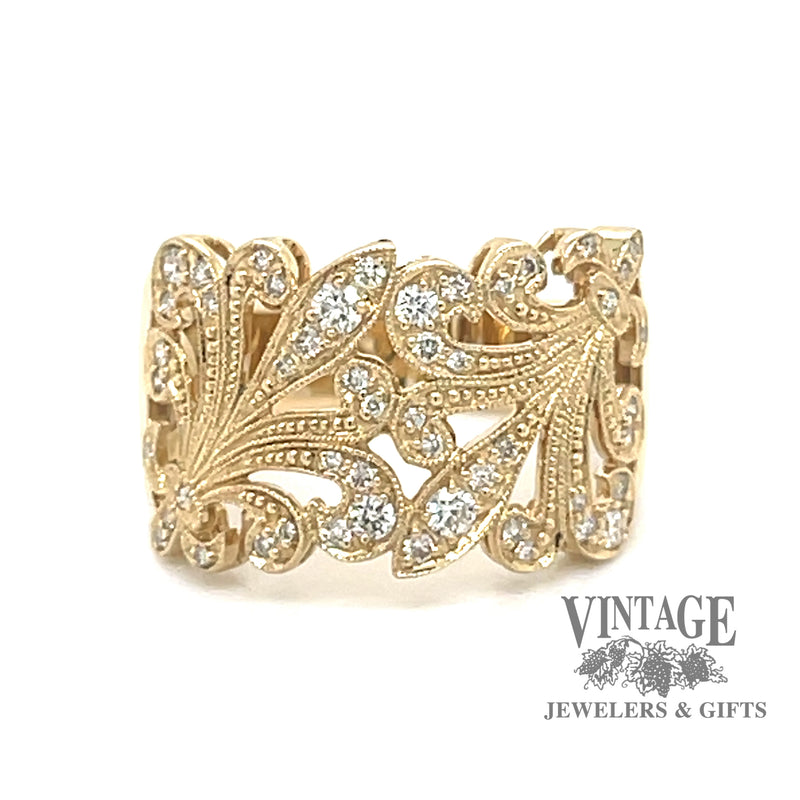 Fleur de lis diamond filigree 14ky gold ring