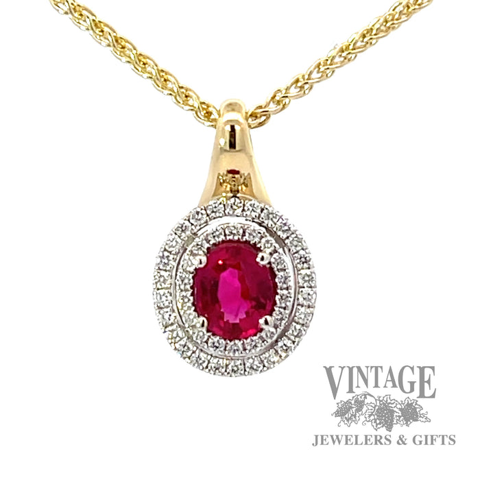 Ruby and diamond 18k gold halo pendant