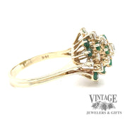 Emerald and diamond spiral cluster 14ky gold ring side