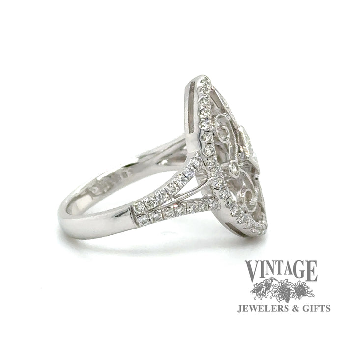 Oval filligree 18kw gold diamond ring side