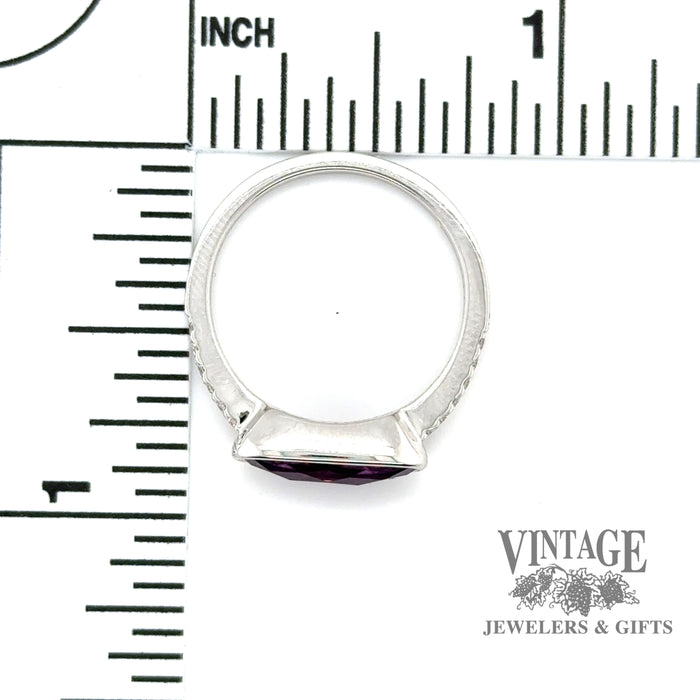 Elonaged oval amethyst and diamond east west 14kw gold ring scale