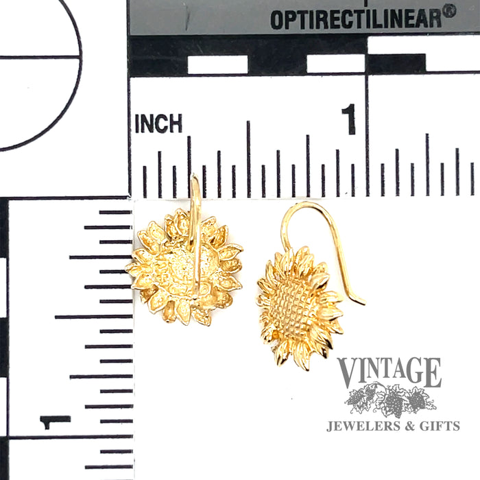Sunflower 14ky gold drop earrings scale