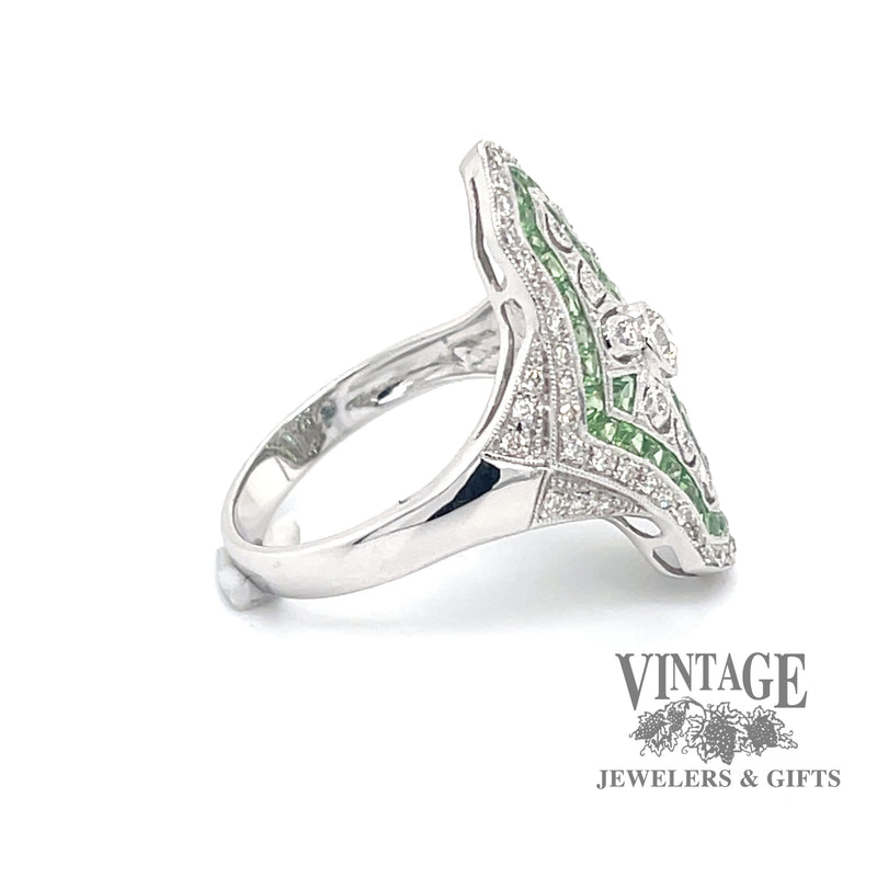Vintage inspired diamond and tsavorite 14kw gold ring side