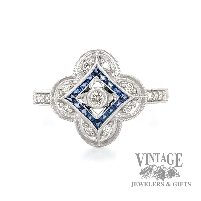 Vintage inspired diamond and sapphire 14k whitegold flower ring