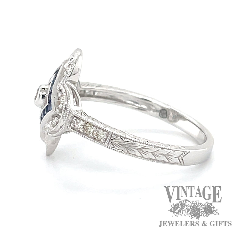 Vintage inspired diamond and sapphire 14k whitegold flower ring