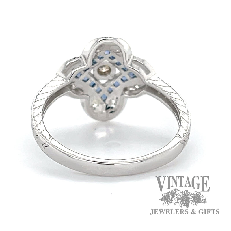 Vintage inspired diamond and sapphire 14k whitegold flower ring
