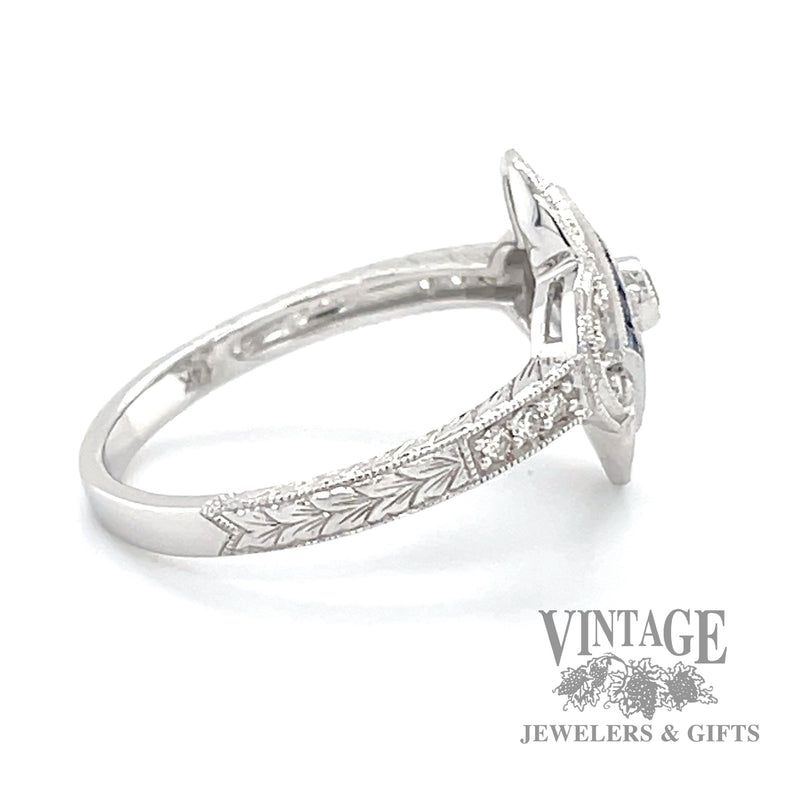 Vintage inspired diamond and sapphire 14k whitegold flower ring