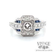 Vintage inspired diamond and sapphire semi mount 14k gold ring