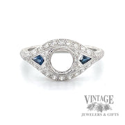 Vintage inspired sapphire and diamond semi-mount 14k gold ring