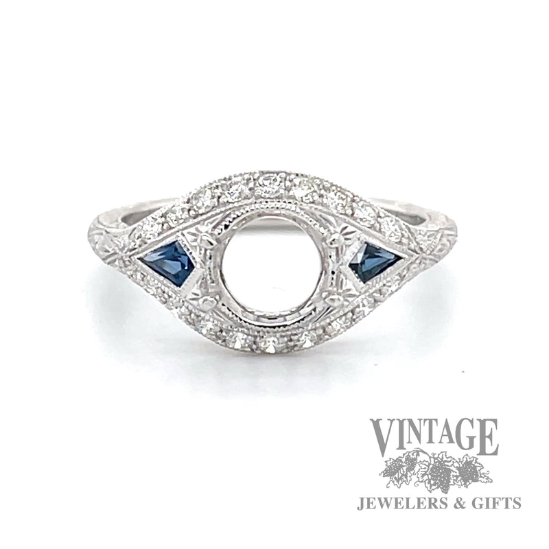 Vintage inspired sapphire and diamond semi-mount 14k gold ring