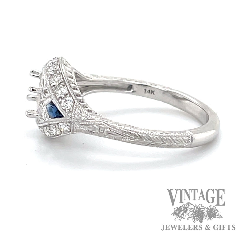 Vintage inspired sapphire and diamond semi-mount 14k gold ring side2