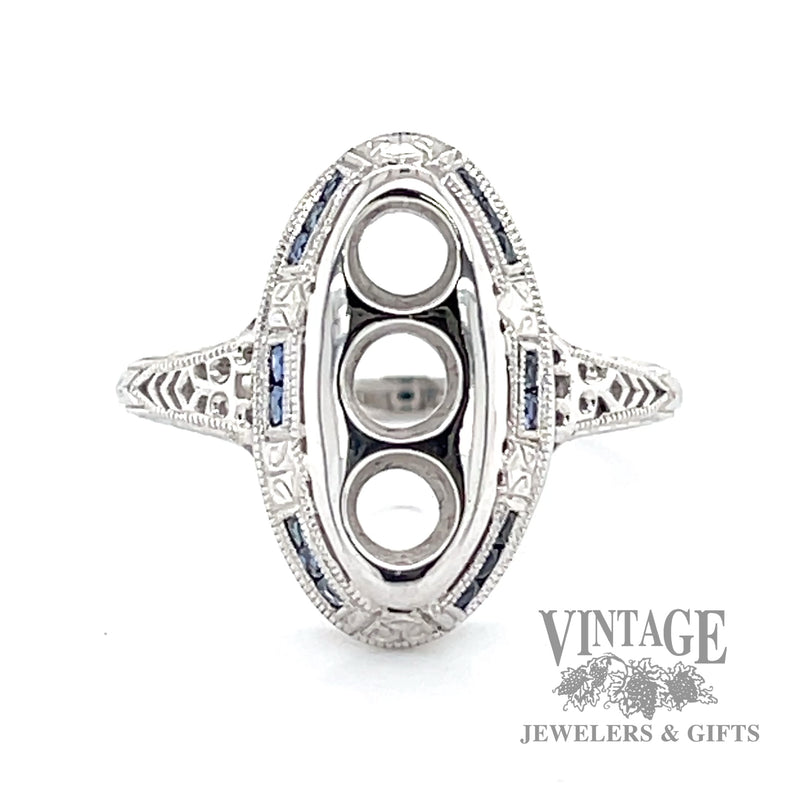 Vintage inspired sapphire 14k gold three stone ring