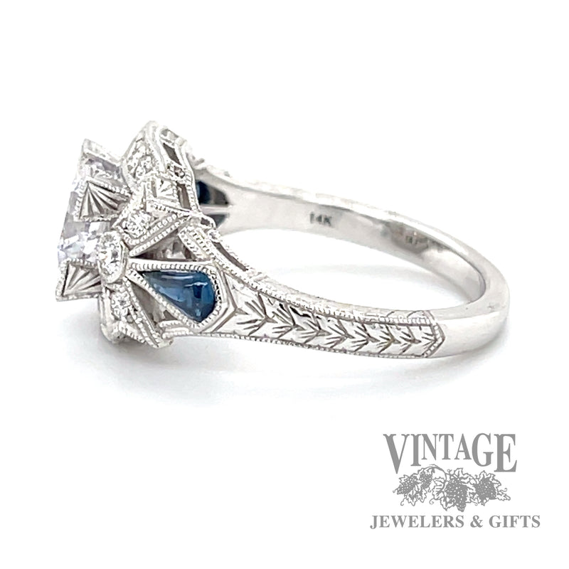 Diamond and sapphire vintage inspired 14k white gold ring side1