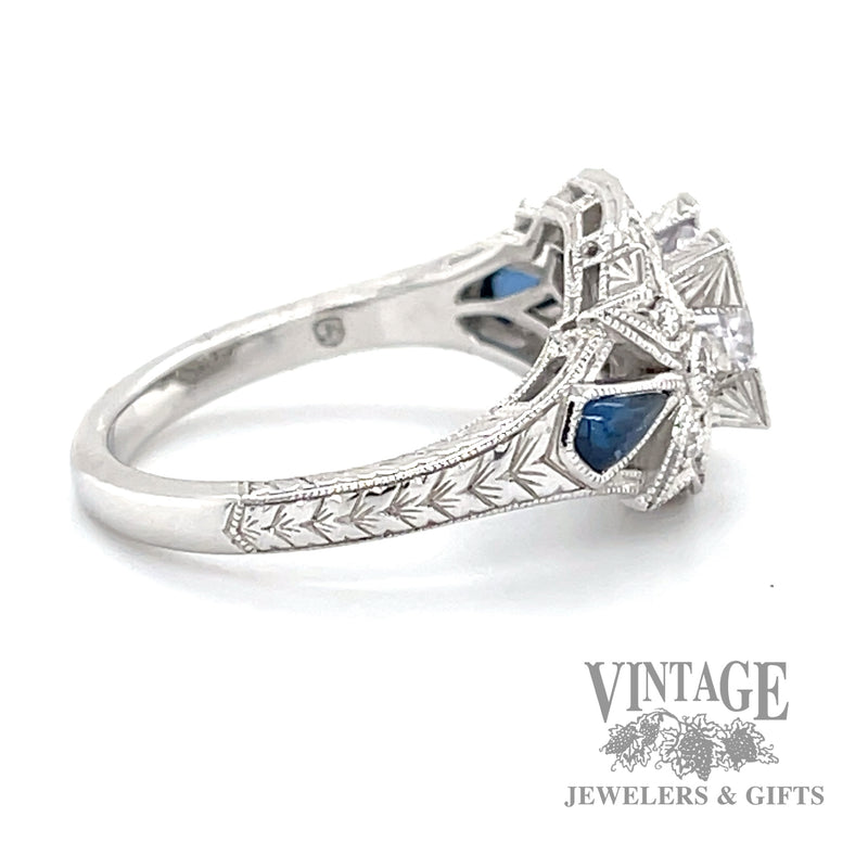 Diamond and sapphire vintage inspired 14k white gold ring side2