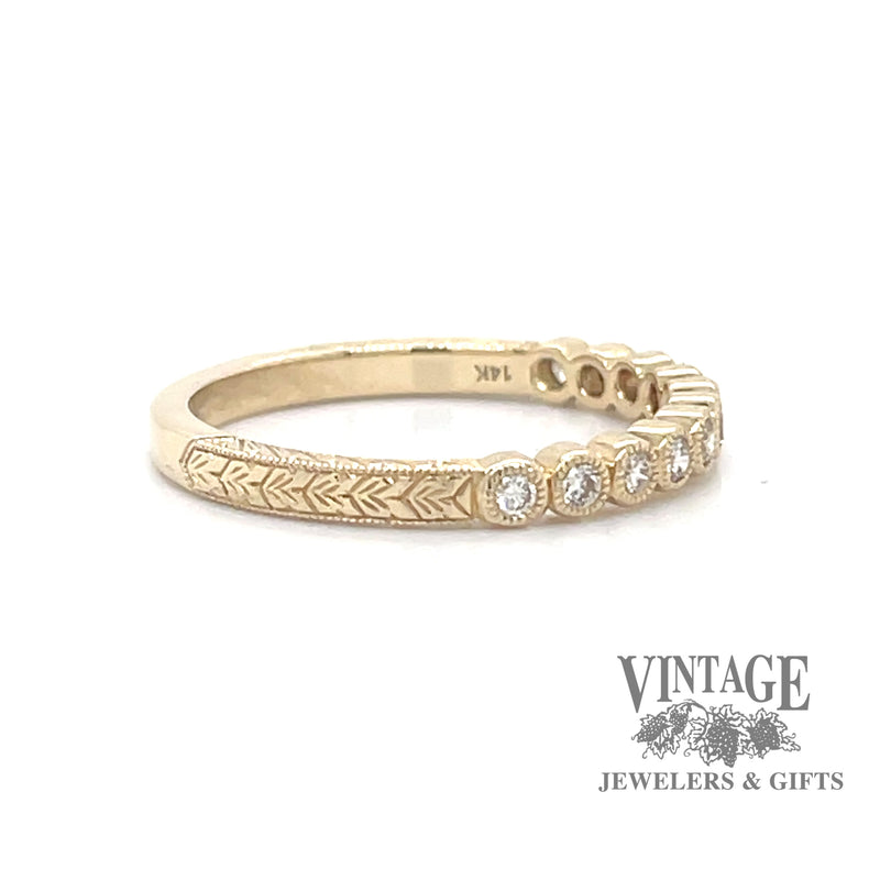 Bezel set diamond bubble 14ky gold hand engraved ring side