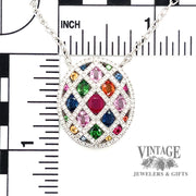 Oval Mosaic colored gemstone and diamond 14kw gold necklace scale