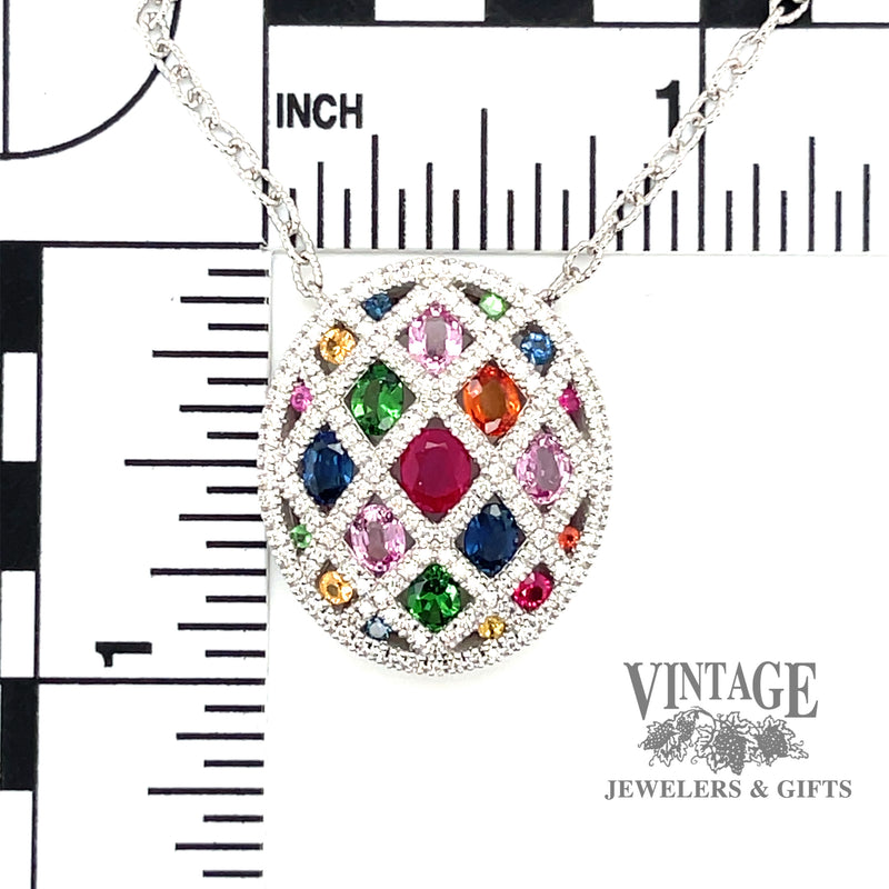 Oval Mosaic colored gemstone and diamond 14kw gold necklace scale