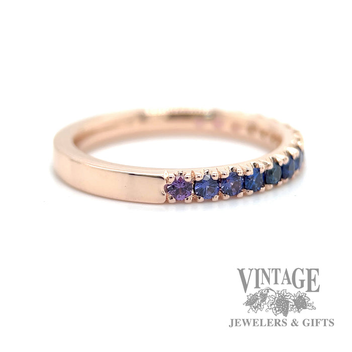 Purple/blue/pink ombré gradient sapphire 14k rose gold ring band side