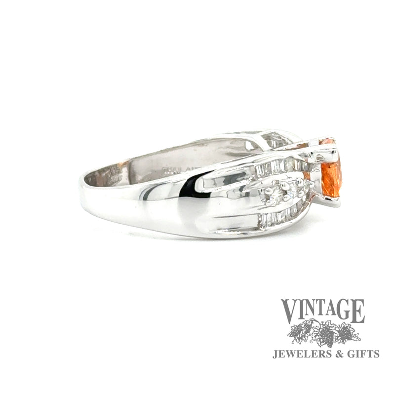 14 karat white gold Mandarin garnet (Spessartine) and diamond ring, side view