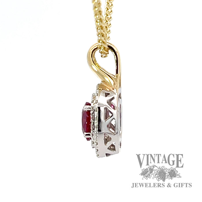 Ruby and diamond 18k gold halo pendant