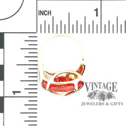 14 karat yellow gold freeform, fancy cut, fan-shaped, lab-created orange Padparadscha sapphire ring, with scale