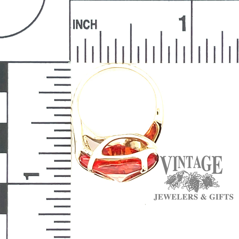 14 karat yellow gold freeform, fancy cut, fan-shaped, lab-created orange Padparadscha sapphire ring, with scale