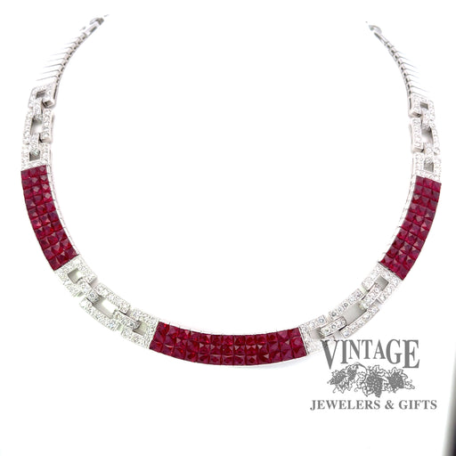 Ruby and diamond invisible set 18kw gold necklace