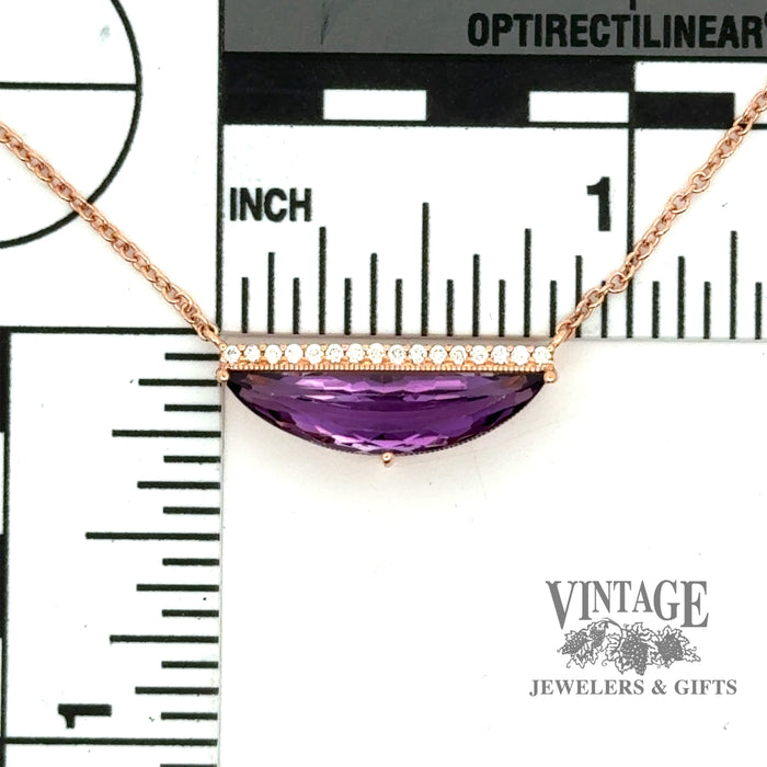 14k rose gold contemporary half moon amethyst and diamond necklace with scale