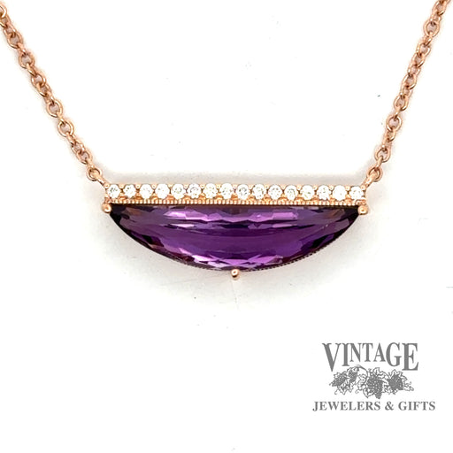 14k rose gold contemporary half moon amethyst and diamond necklace