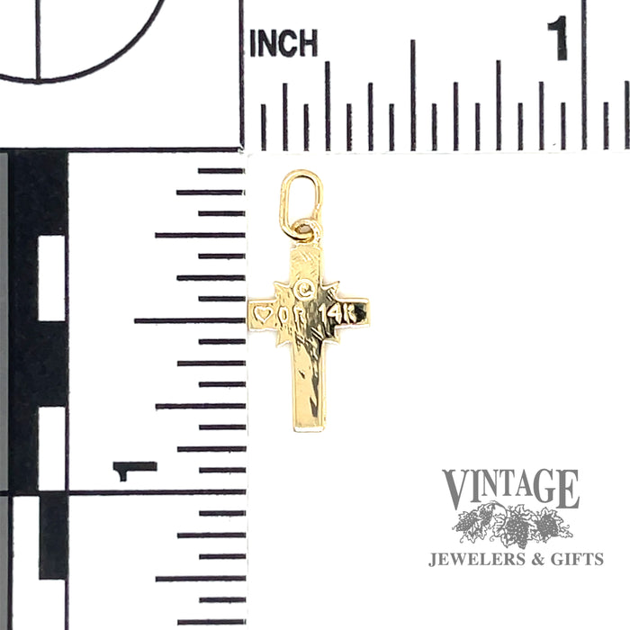 Small embossed 14k gold cross pendant back scale