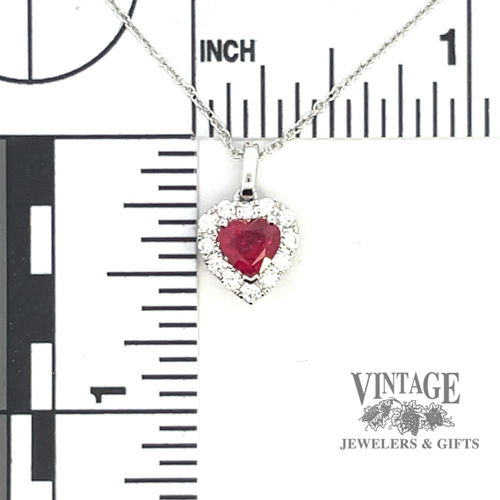 Heart shaped natural ruby and diamond 14KW gold pendant scale
