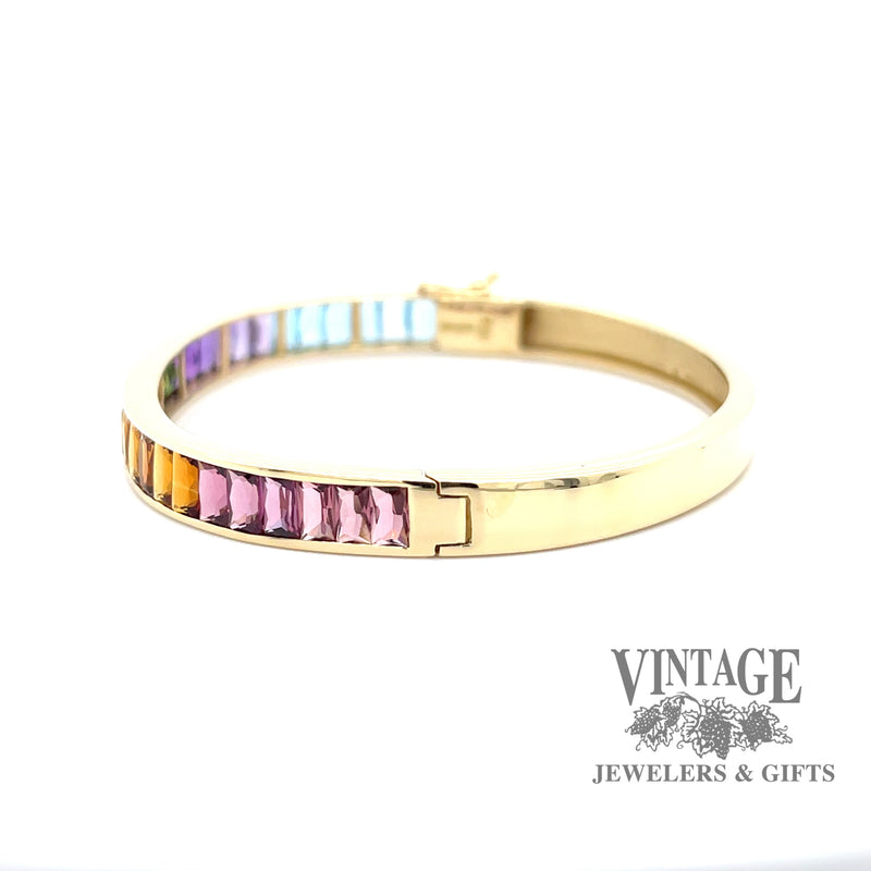 Rainbow gradient gemstone 18ky gold hinged bangle bracelet