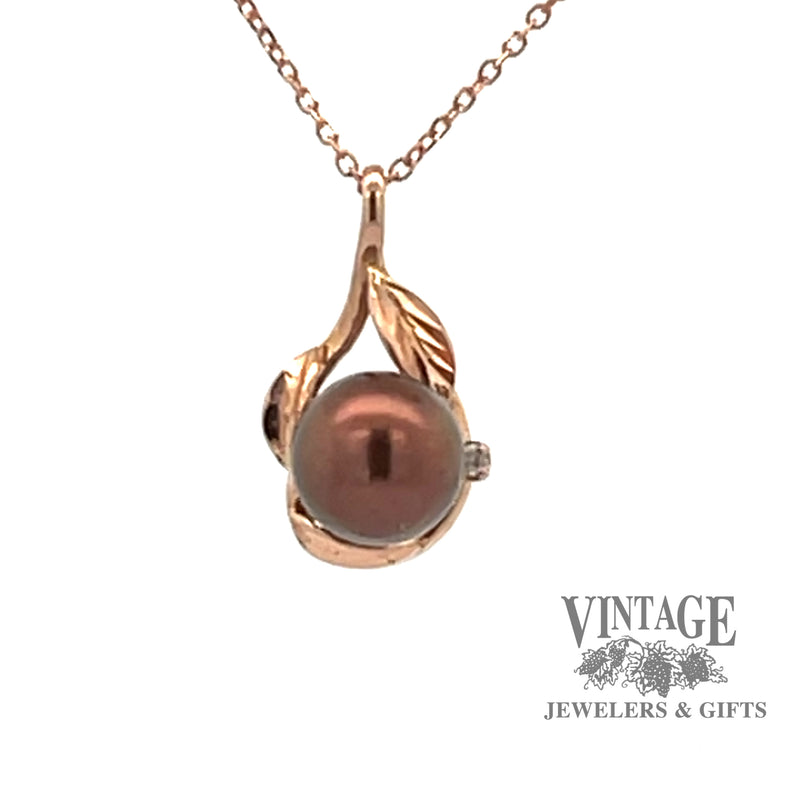 14k Rose Gold Pearl leaf pendant front