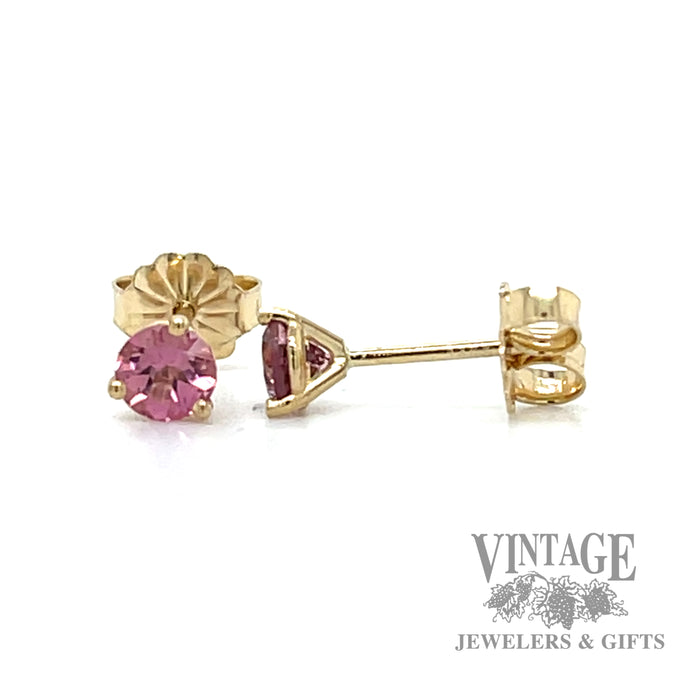 Pink tourmaline 4mm 14ky gold stud earrings. side